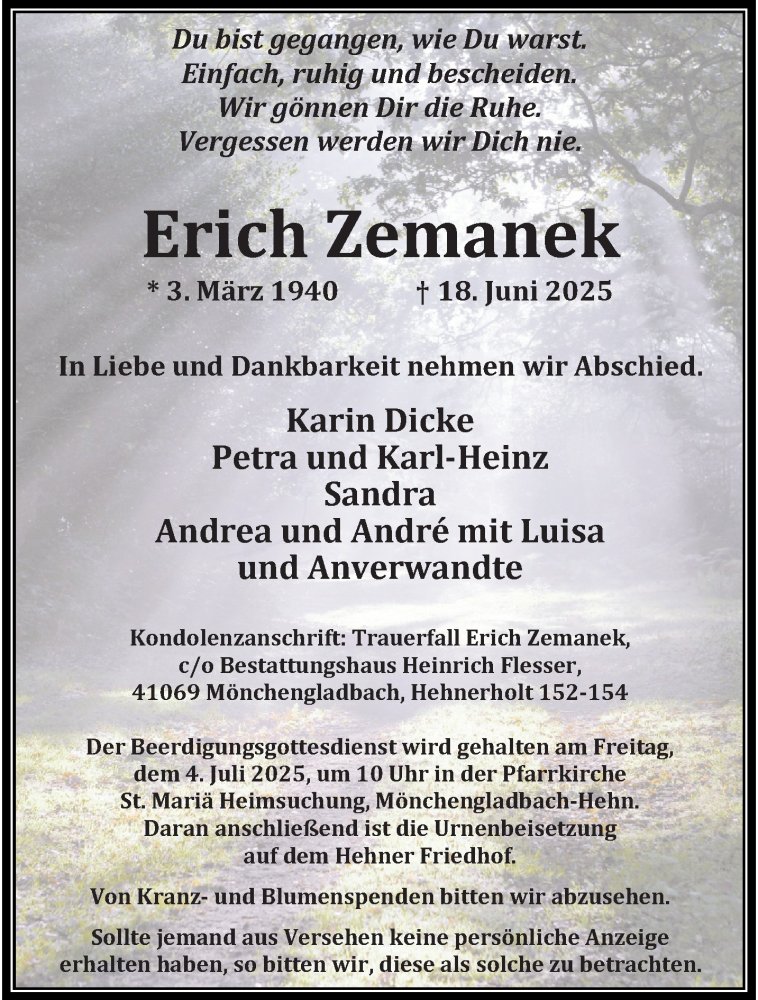  Traueranzeige für Erich Zemanek vom 29.06.2025 aus trauer.extra-tipp-moenchengladbach.de