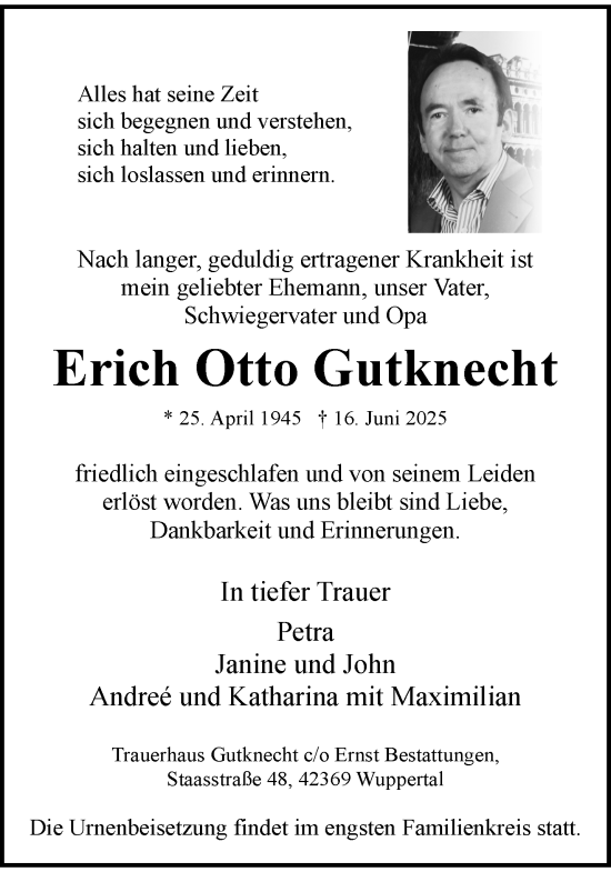 Traueranzeige von Erich Otto Gutknecht von trauer.wuppertaler-rundschau.de