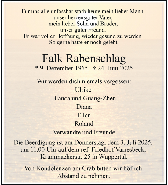 Traueranzeige von Falk Rabenschlag von trauer.wuppertaler-rundschau.de