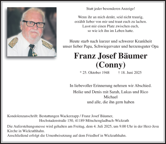 Traueranzeige von Franz Josef Bäumer von trauer.extra-tipp-moenchengladbach.de
