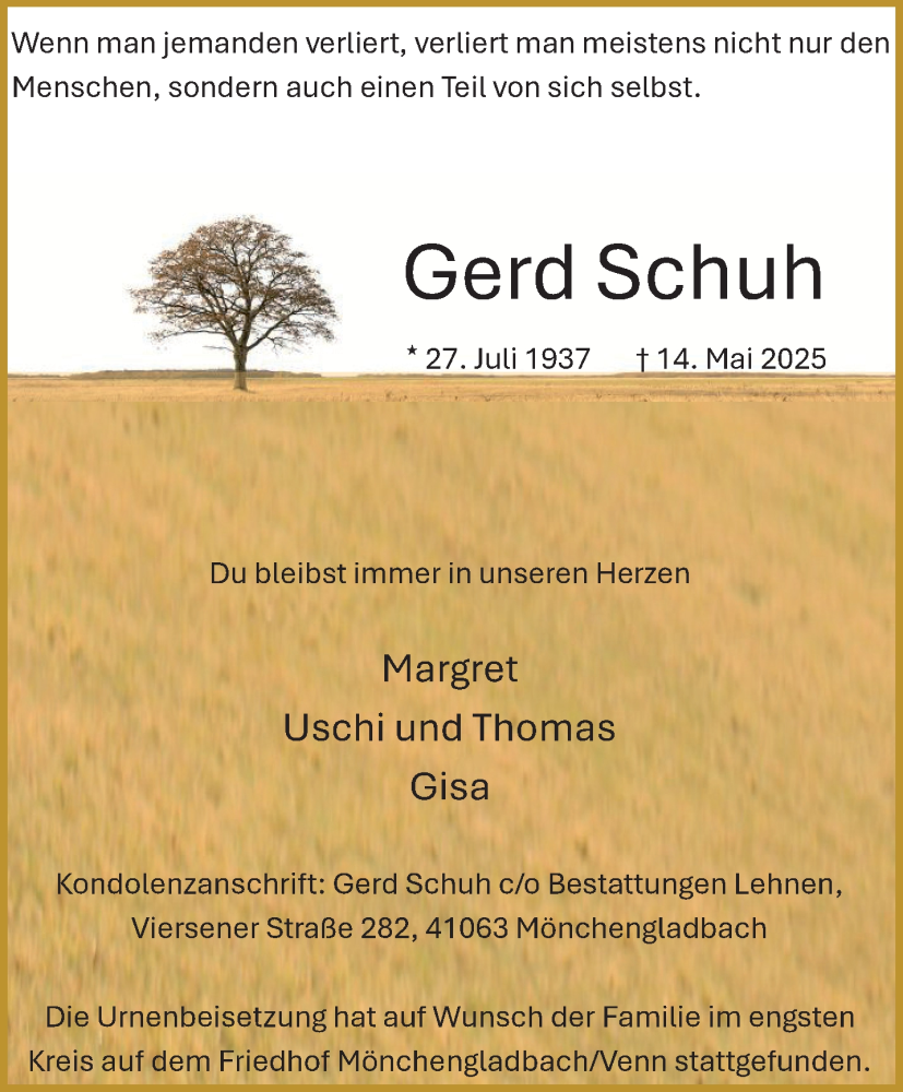  Traueranzeige für Gerd Schuh vom 08.06.2025 aus trauer.extra-tipp-moenchengladbach.de