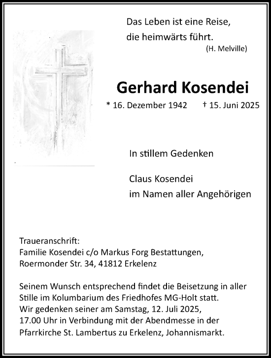 Traueranzeige von Gerhard Kosendei von trauer.extra-tipp-moenchengladbach.de
