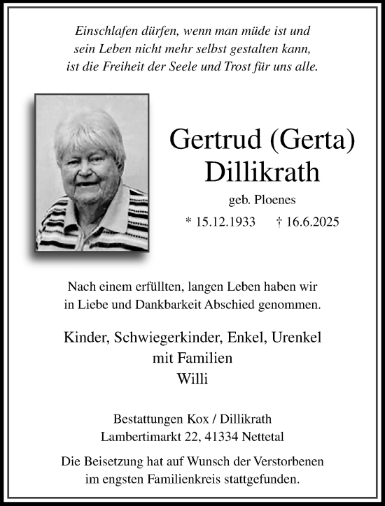 Traueranzeige von Gertrud Dillikrath von trauer.extra-tipp-moenchengladbach.de