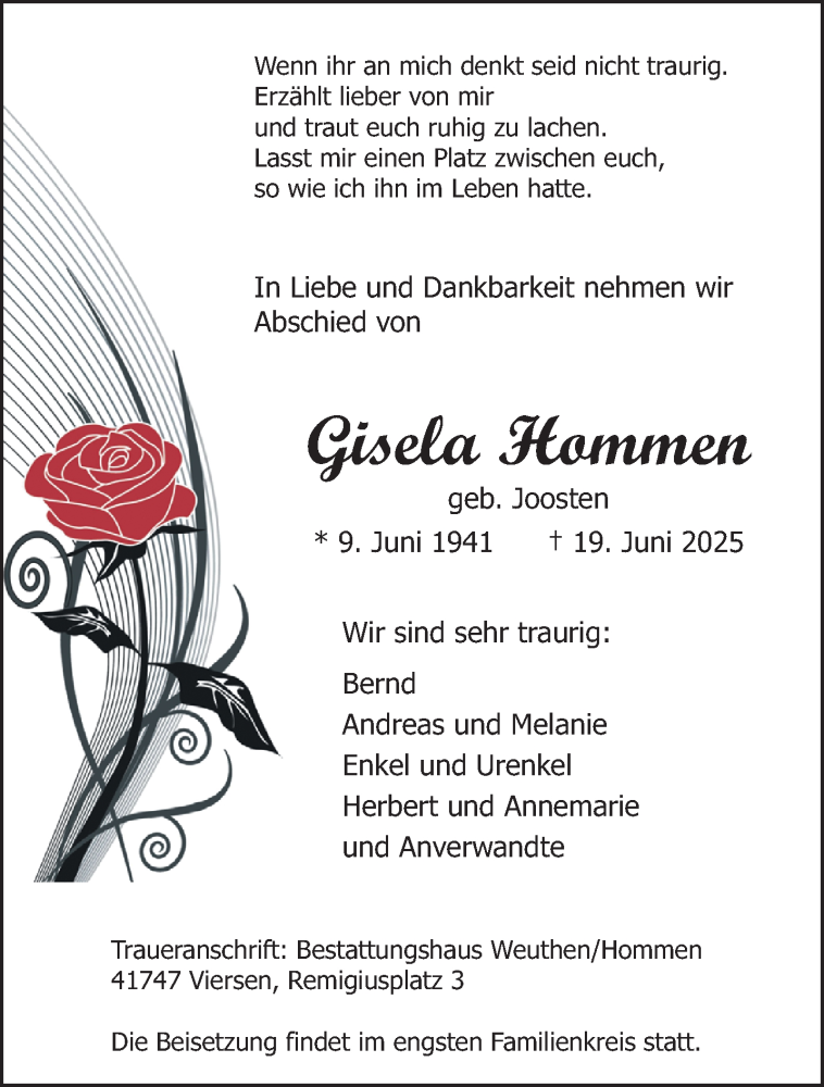  Traueranzeige für Gisela Hommen vom 29.06.2025 aus trauer.extra-tipp-moenchengladbach.de