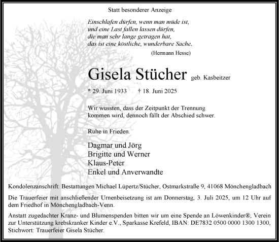 Traueranzeige von Gisela Stücher von trauer.extra-tipp-moenchengladbach.de