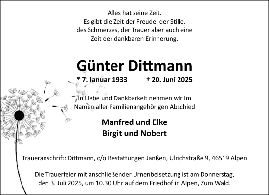 Traueranzeige von Günter Dittmann von trauer.extra-tipp-moenchengladbach.de