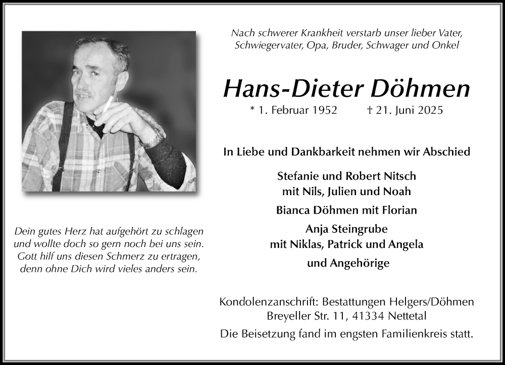  Traueranzeige für Hans-Dieter Döhmen vom 29.06.2025 aus trauer.extra-tipp-moenchengladbach.de