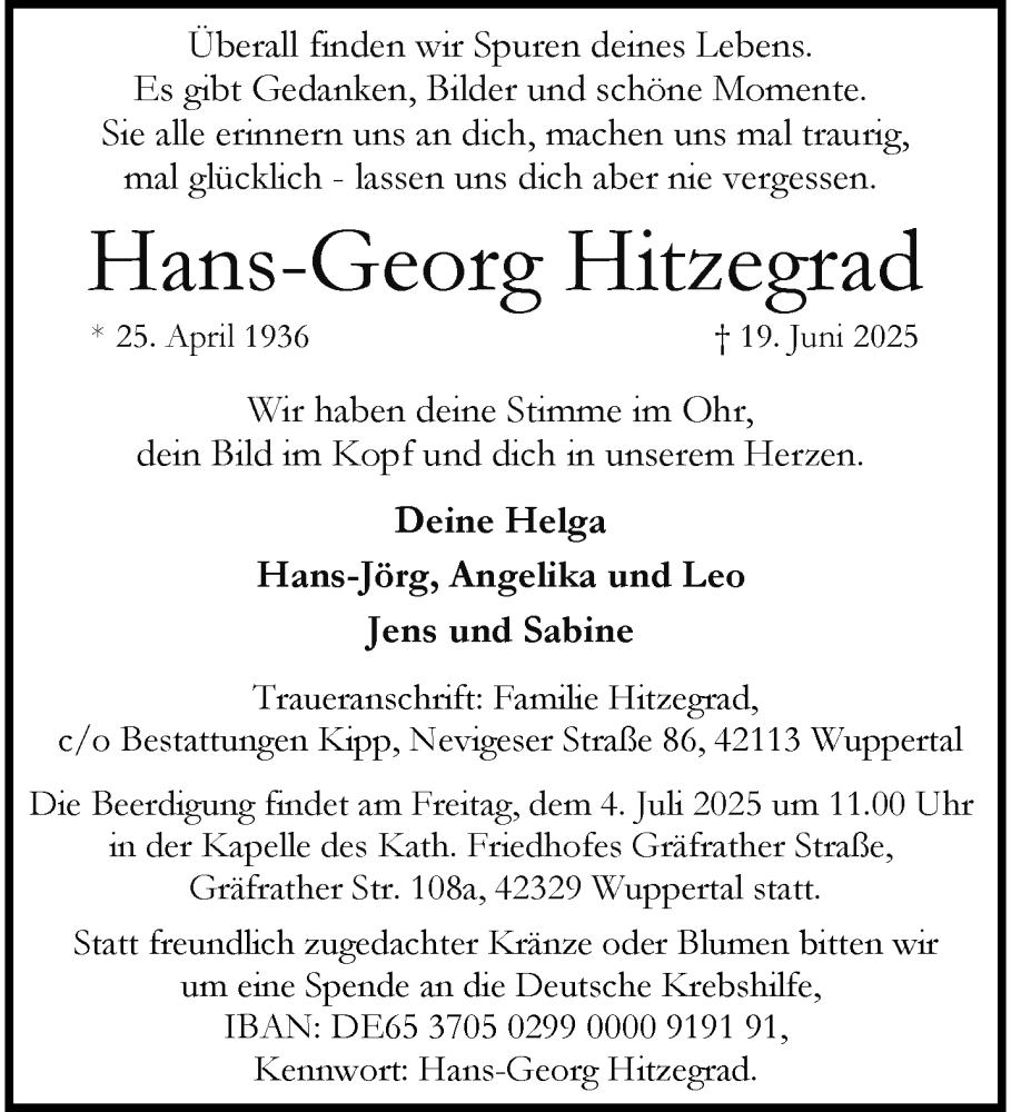  Traueranzeige für Hans-Georg Hitzegrad vom 28.06.2025 aus trauer.wuppertaler-rundschau.de