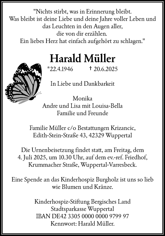 Traueranzeige von Harald Müller von trauer.wuppertaler-rundschau.de