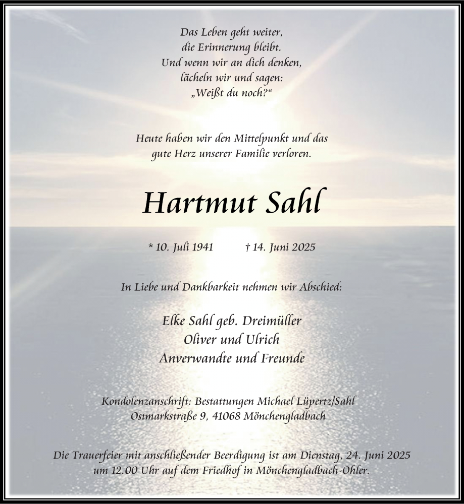  Traueranzeige für Hartmut Sahl vom 22.06.2025 aus trauer.extra-tipp-moenchengladbach.de