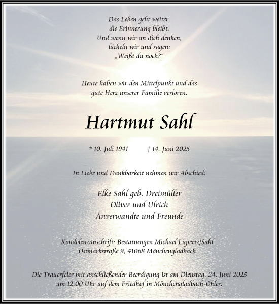Traueranzeige von Hartmut Sahl von trauer.extra-tipp-moenchengladbach.de