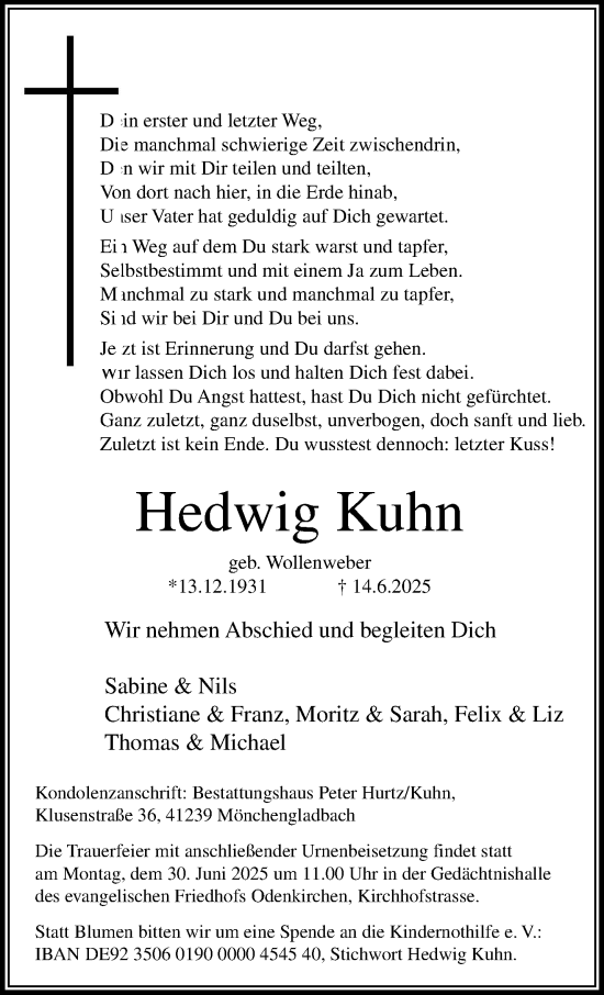 Traueranzeige von Hedwig Kuhn von trauer.extra-tipp-moenchengladbach.de