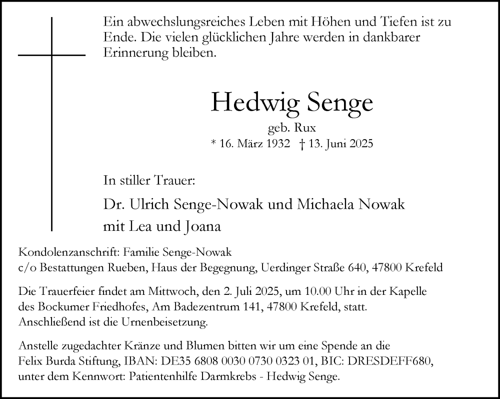  Traueranzeige für Hedwig Senge vom 29.06.2025 aus trauer.extra-tipp-moenchengladbach.de