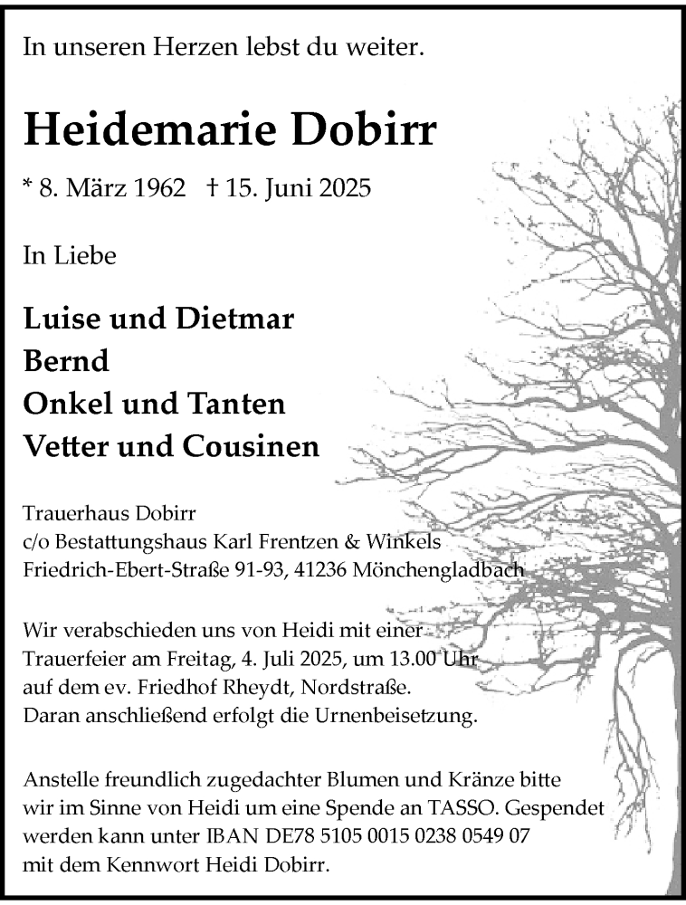  Traueranzeige für Heidemarie Dobirr vom 29.06.2025 aus trauer.extra-tipp-moenchengladbach.de