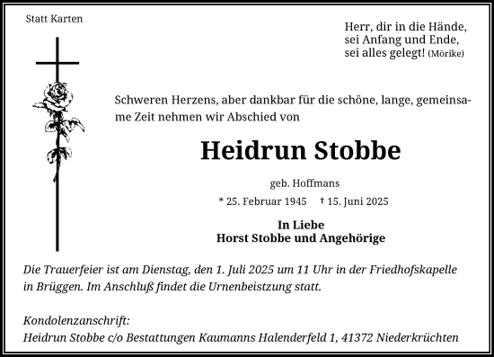 Traueranzeige von Heidrun Stobbe von trauer.extra-tipp-moenchengladbach.de