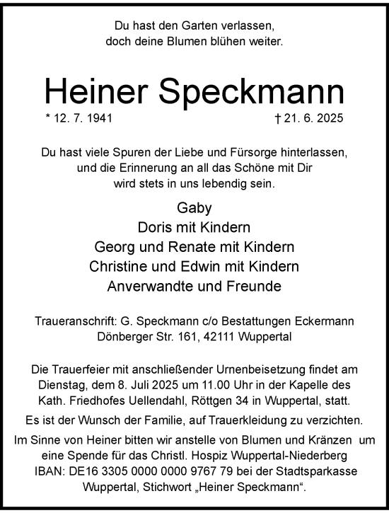 Traueranzeige von Heiner Speckmann von trauer.wuppertaler-rundschau.de