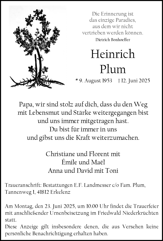  Traueranzeige für Heinrich Plum vom 22.06.2025 aus trauer.extra-tipp-moenchengladbach.de