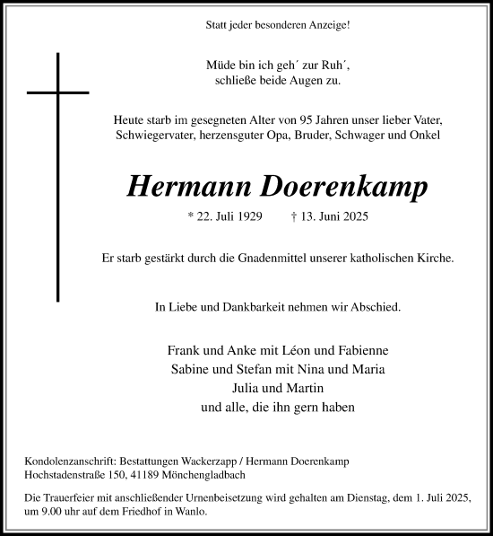 Traueranzeige von Hermann Doerenkamp von trauer.extra-tipp-moenchengladbach.de