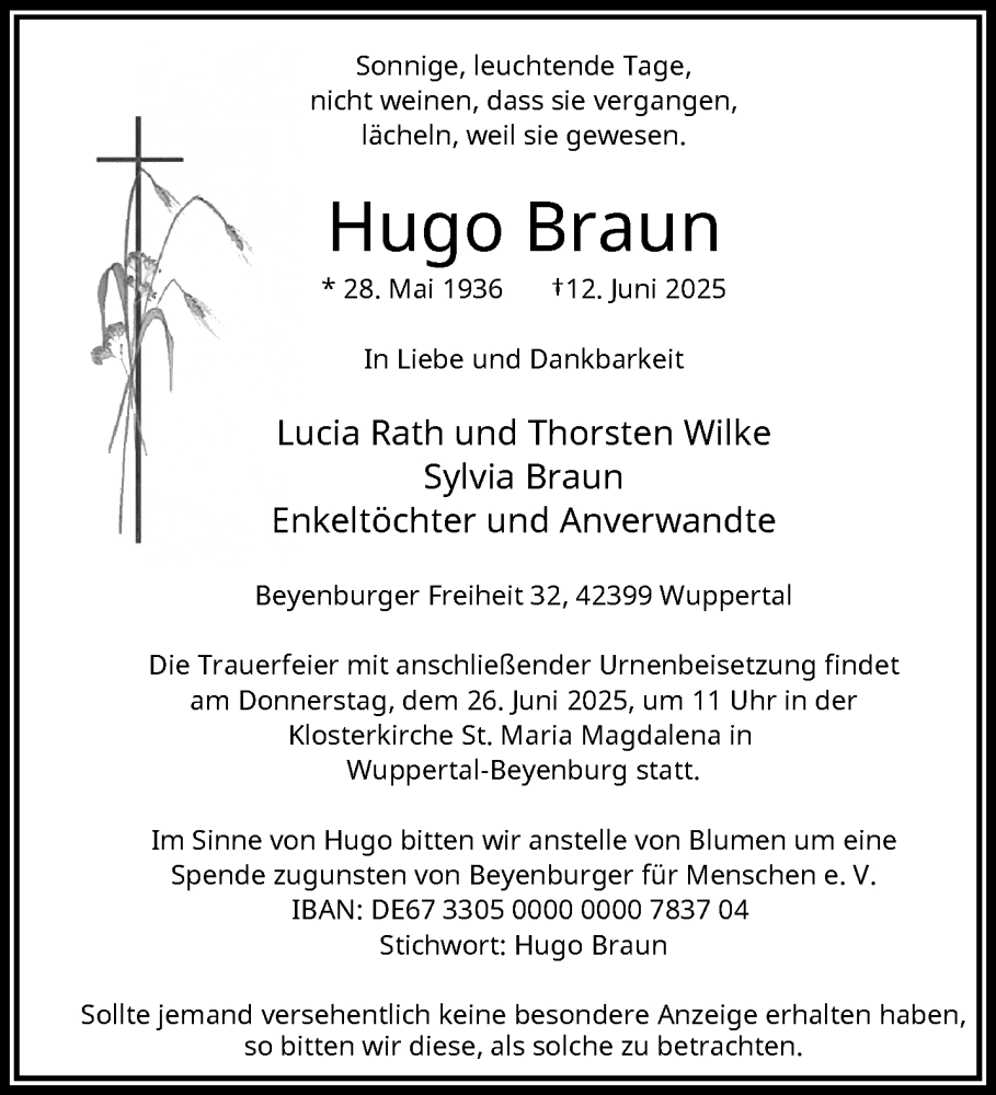  Traueranzeige für Hugo Braun vom 21.06.2025 aus trauer.wuppertaler-rundschau.de
