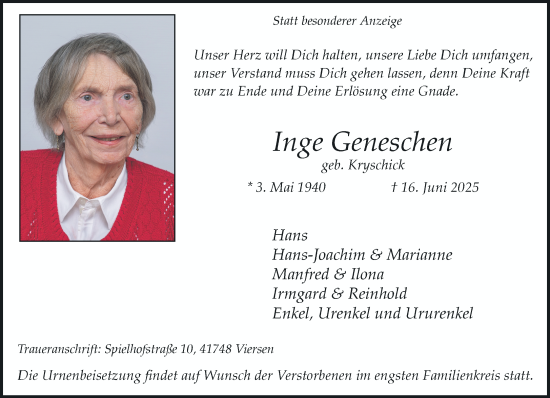 Traueranzeige von Inge Geneschen von trauer.extra-tipp-moenchengladbach.de