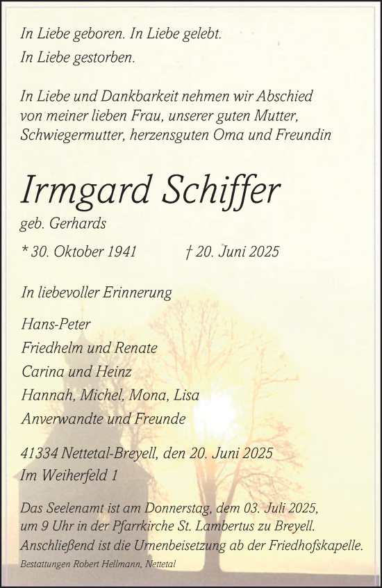 Traueranzeige von Irmgard Schiffer von trauer.extra-tipp-moenchengladbach.de