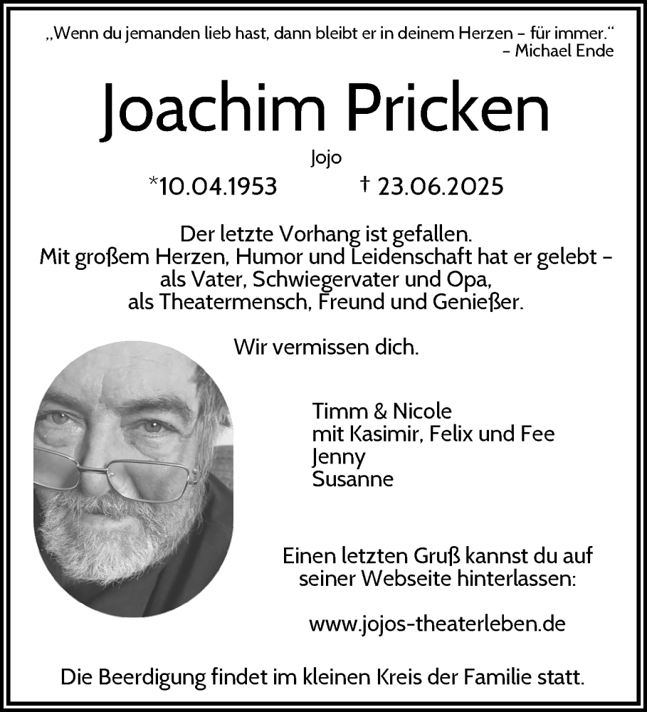  Traueranzeige für Joachim Pricken vom 29.06.2025 aus trauer.extra-tipp-moenchengladbach.de