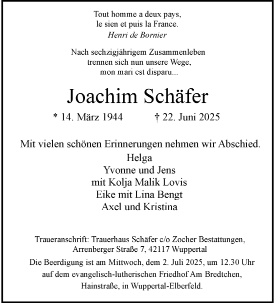 Traueranzeige von Joachim Schäfer von trauer.wuppertaler-rundschau.de