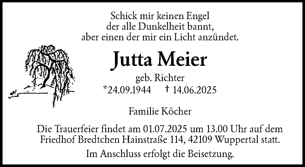  Traueranzeige für Jutta Meier vom 28.06.2025 aus trauer.wuppertaler-rundschau.de