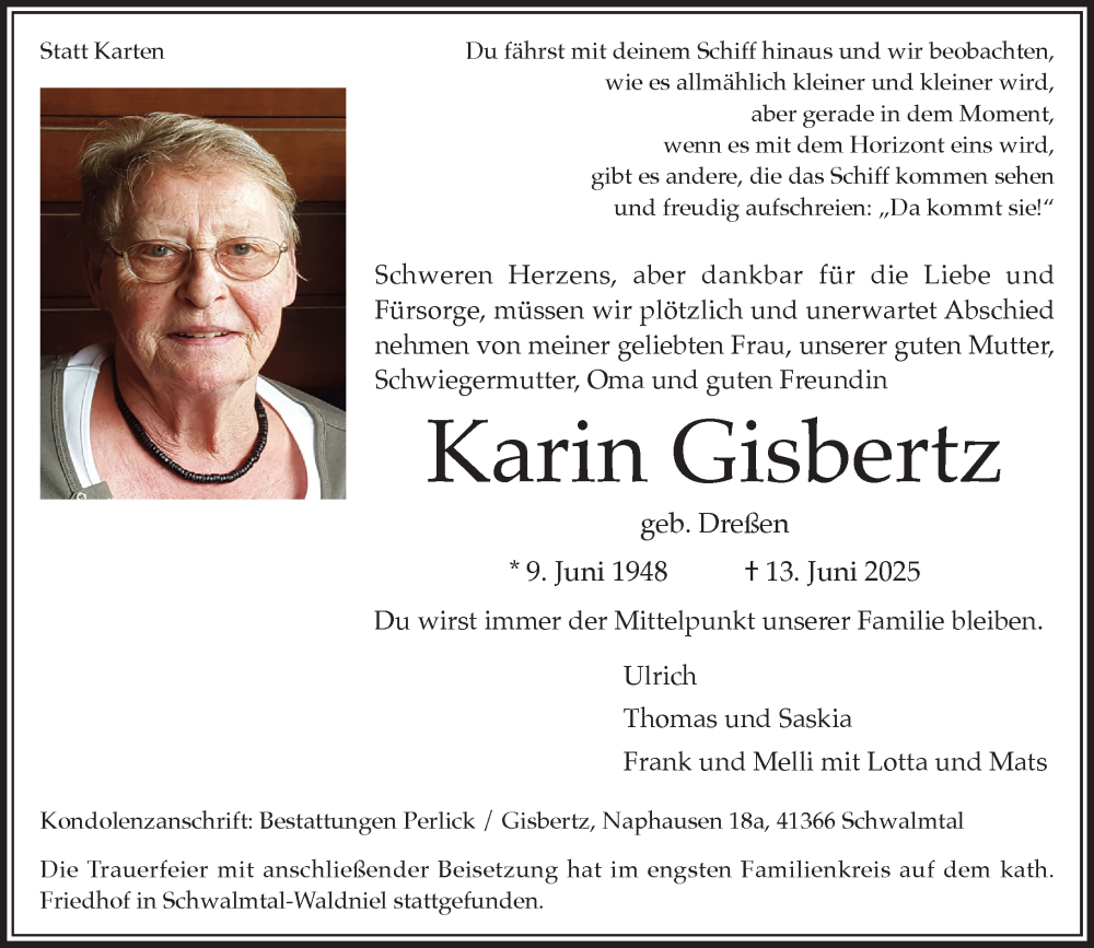 Traueranzeige für Karin Gisbertz vom 22.06.2025 aus trauer.extra-tipp-moenchengladbach.de