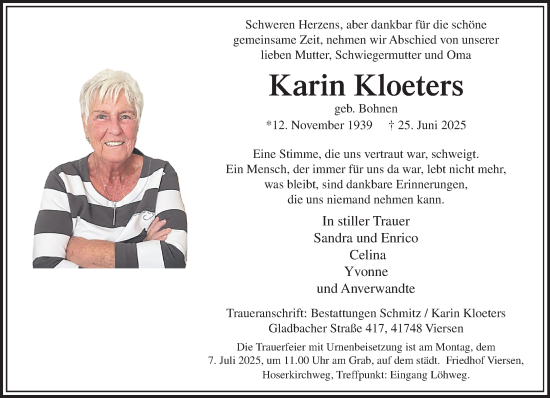 Traueranzeige von Karin Kloeters von trauer.extra-tipp-moenchengladbach.de