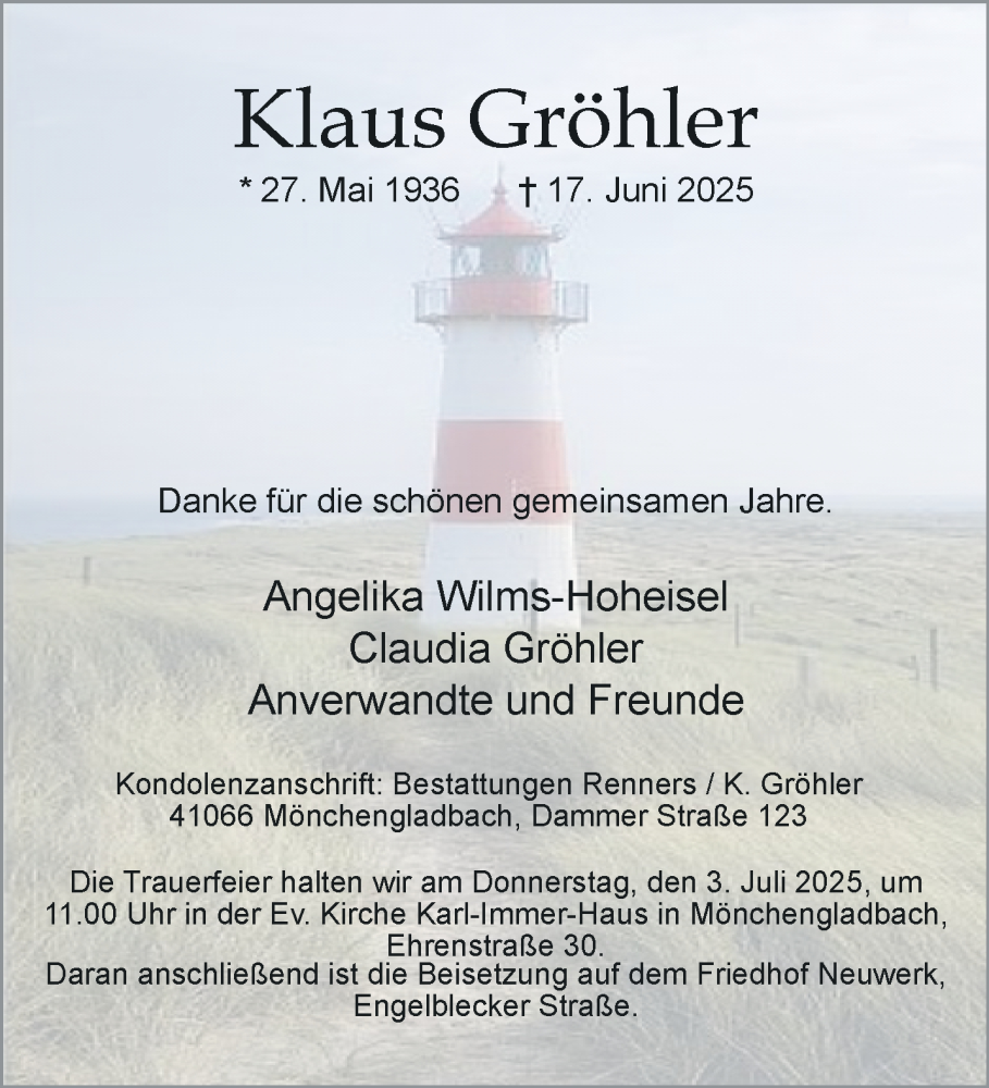  Traueranzeige für Klaus Gröhler vom 29.06.2025 aus trauer.extra-tipp-moenchengladbach.de