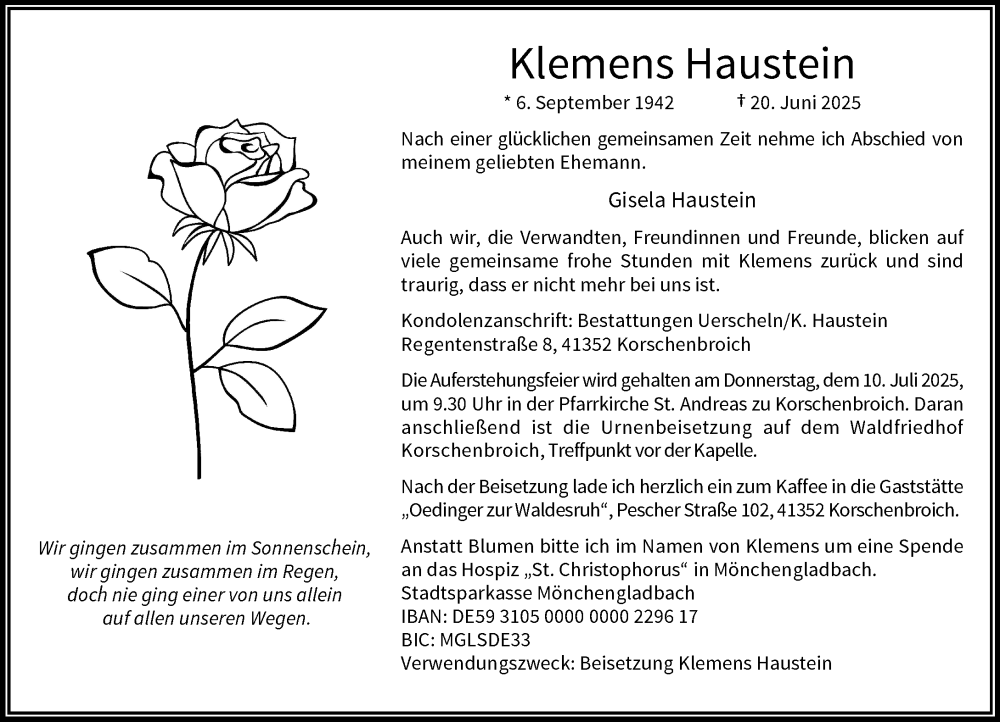  Traueranzeige für Klemens Haustein vom 29.06.2025 aus trauer.extra-tipp-moenchengladbach.de