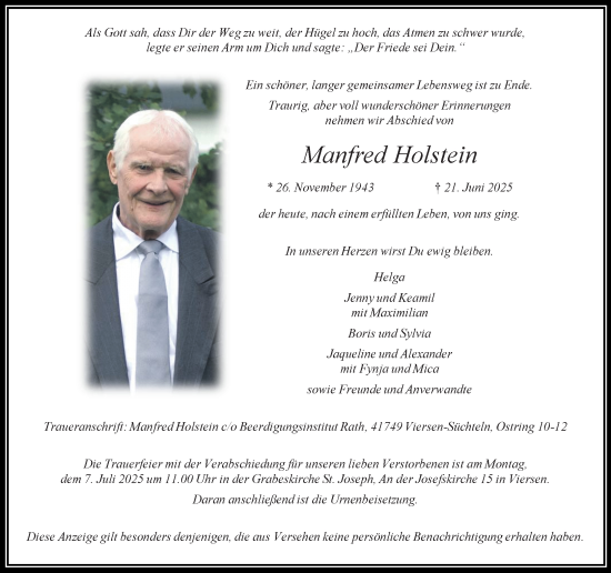 Traueranzeige von Manfred Holstein von trauer.extra-tipp-moenchengladbach.de