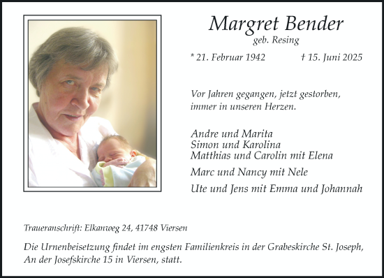 Traueranzeige von Margret Bender von trauer.extra-tipp-moenchengladbach.de