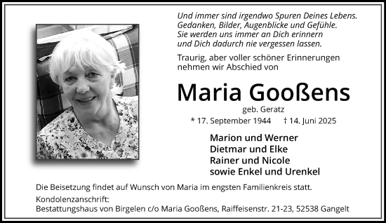 Traueranzeige von Maria Gooßens von trauer.extra-tipp-moenchengladbach.de