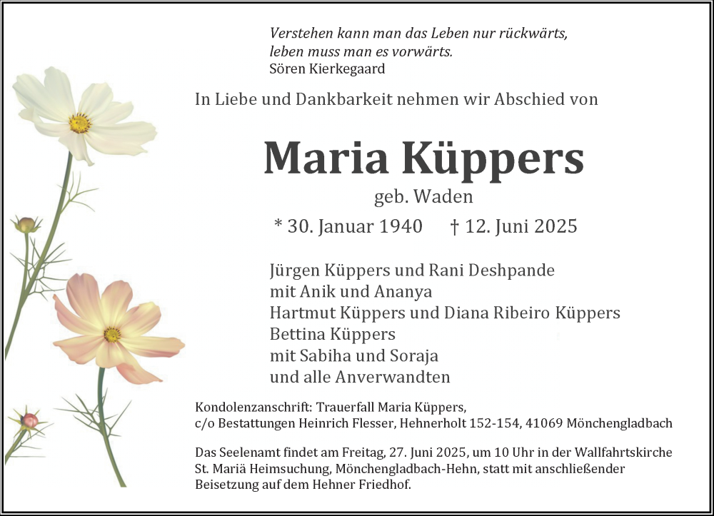 Traueranzeige für Maria Küppers vom 22.06.2025 aus trauer.extra-tipp-moenchengladbach.de