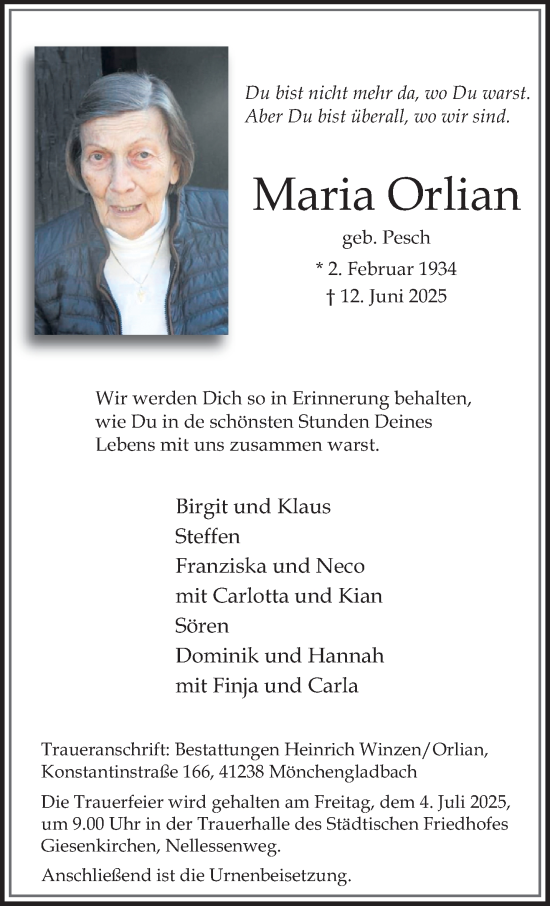 Traueranzeige von Maria Orlian von trauer.extra-tipp-moenchengladbach.de