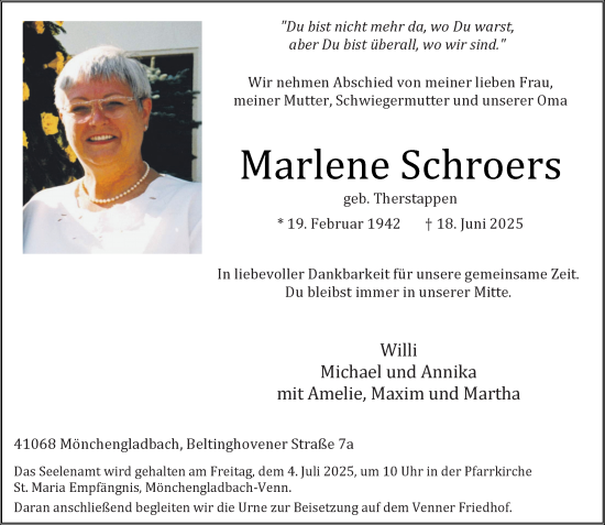Traueranzeige von Marlene Schroers von trauer.extra-tipp-moenchengladbach.de