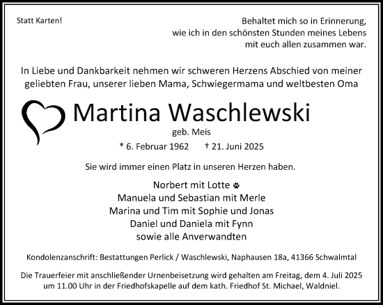 Traueranzeige von Martina Waschlewski von trauer.extra-tipp-moenchengladbach.de