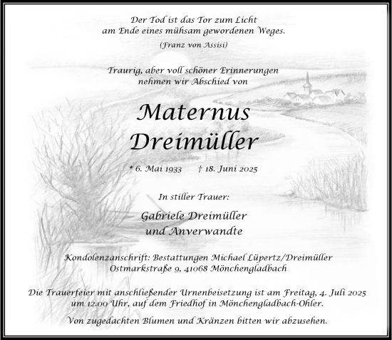 Traueranzeige von Maternus Dreimüller von trauer.extra-tipp-moenchengladbach.de
