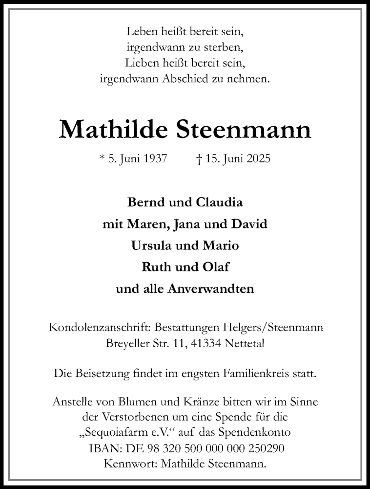  Traueranzeige für Mathilde Steenmann vom 22.06.2025 aus trauer.extra-tipp-moenchengladbach.de