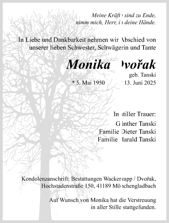 Traueranzeige von Monika Dvorak von trauer.extra-tipp-moenchengladbach.de