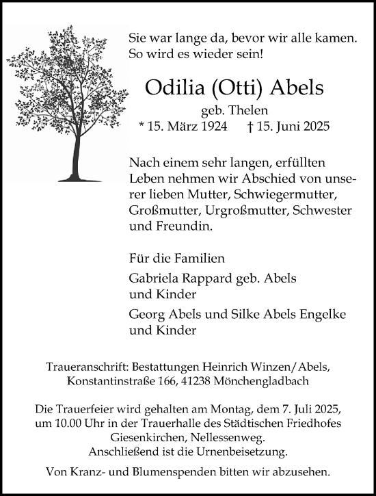 Traueranzeige von Odilia Abels von trauer.extra-tipp-moenchengladbach.de