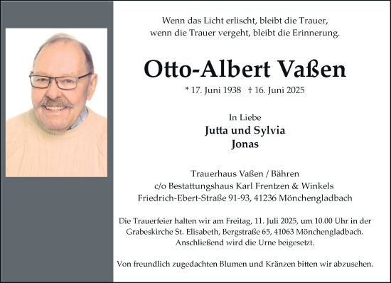 Traueranzeige von Otto-Albert Vaßen von trauer.extra-tipp-moenchengladbach.de