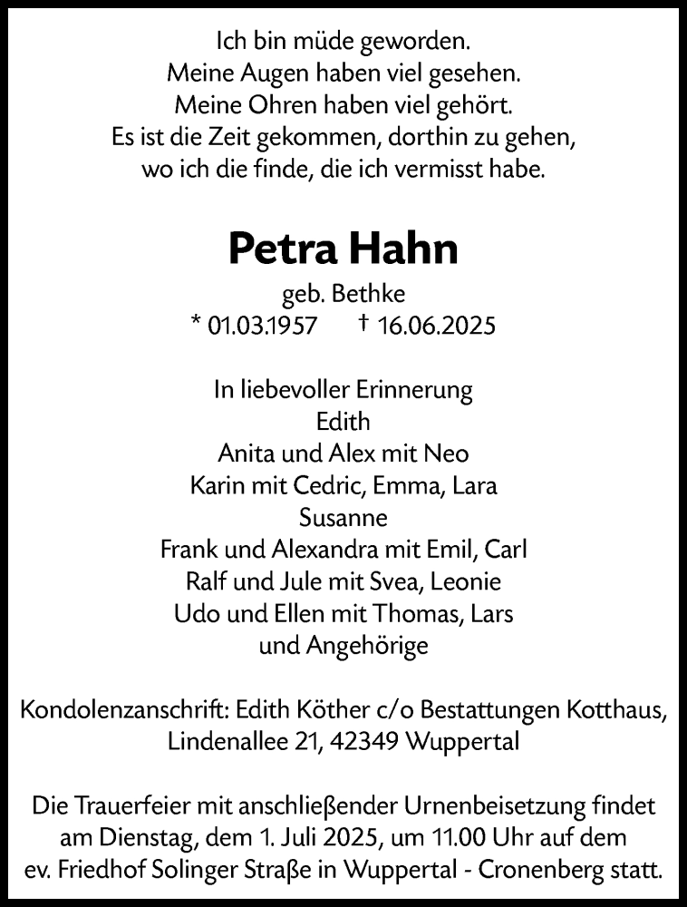  Traueranzeige für Petra Hahn vom 28.06.2025 aus trauer.wuppertaler-rundschau.de