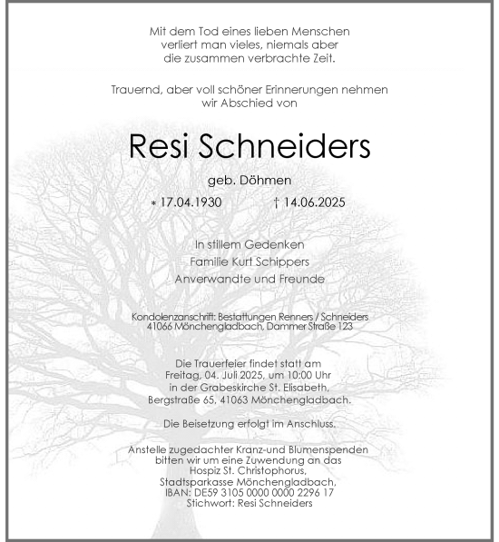 Traueranzeige von Resi Schneiders von trauer.extra-tipp-moenchengladbach.de