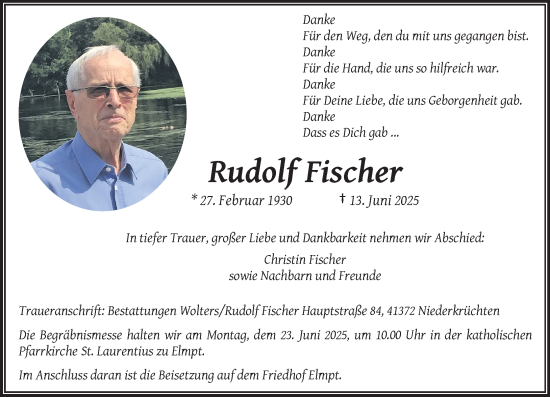 Traueranzeige von Rudolf Fischer von trauer.extra-tipp-moenchengladbach.de