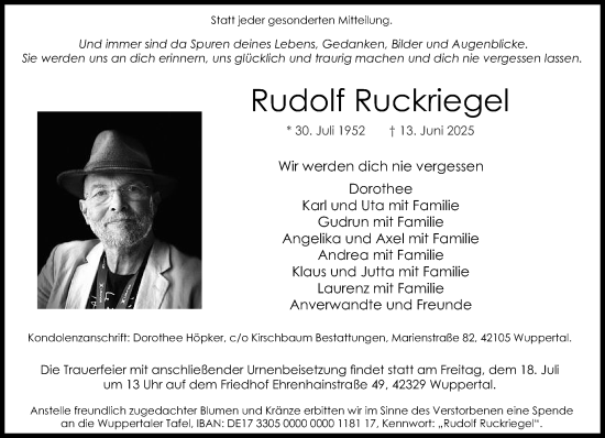 Traueranzeige von Rudolf Ruckriegel von trauer.wuppertaler-rundschau.de