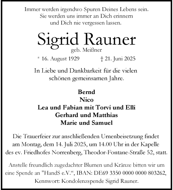 Traueranzeige von Sigrid Rauner von trauer.wuppertaler-rundschau.de