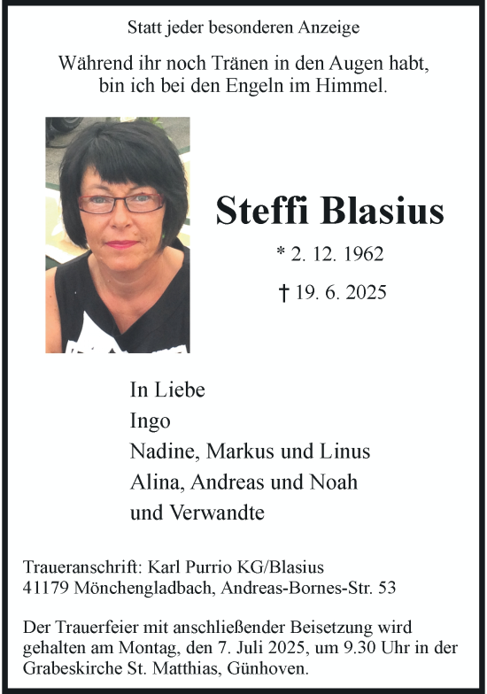 Traueranzeige von Steffi Blasius von trauer.extra-tipp-moenchengladbach.de